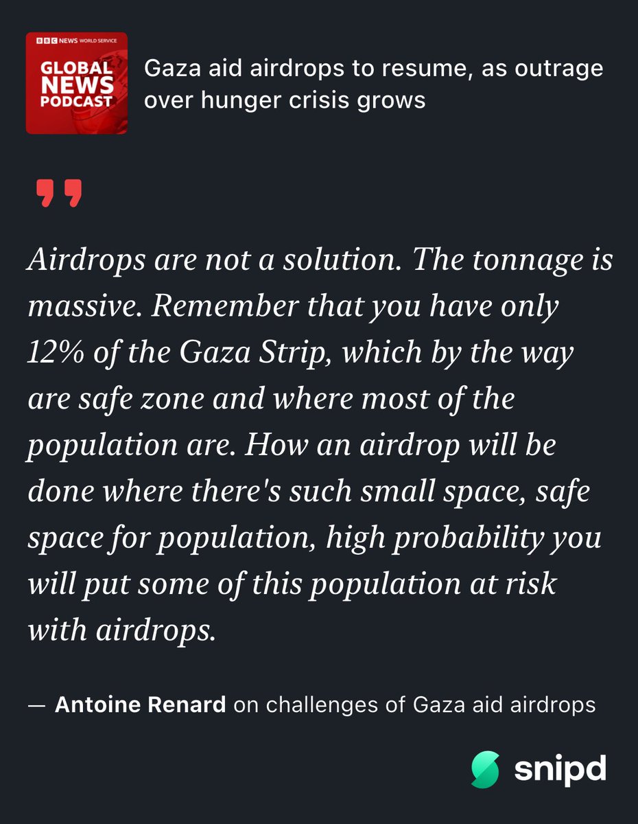 most_excellency's tweet image. Antoine Renard on challenges of Gaza aid airdrops
Heard on Global News Podcast - Gaza aid airdrops to resume, as outrage over hunger crisis grows.