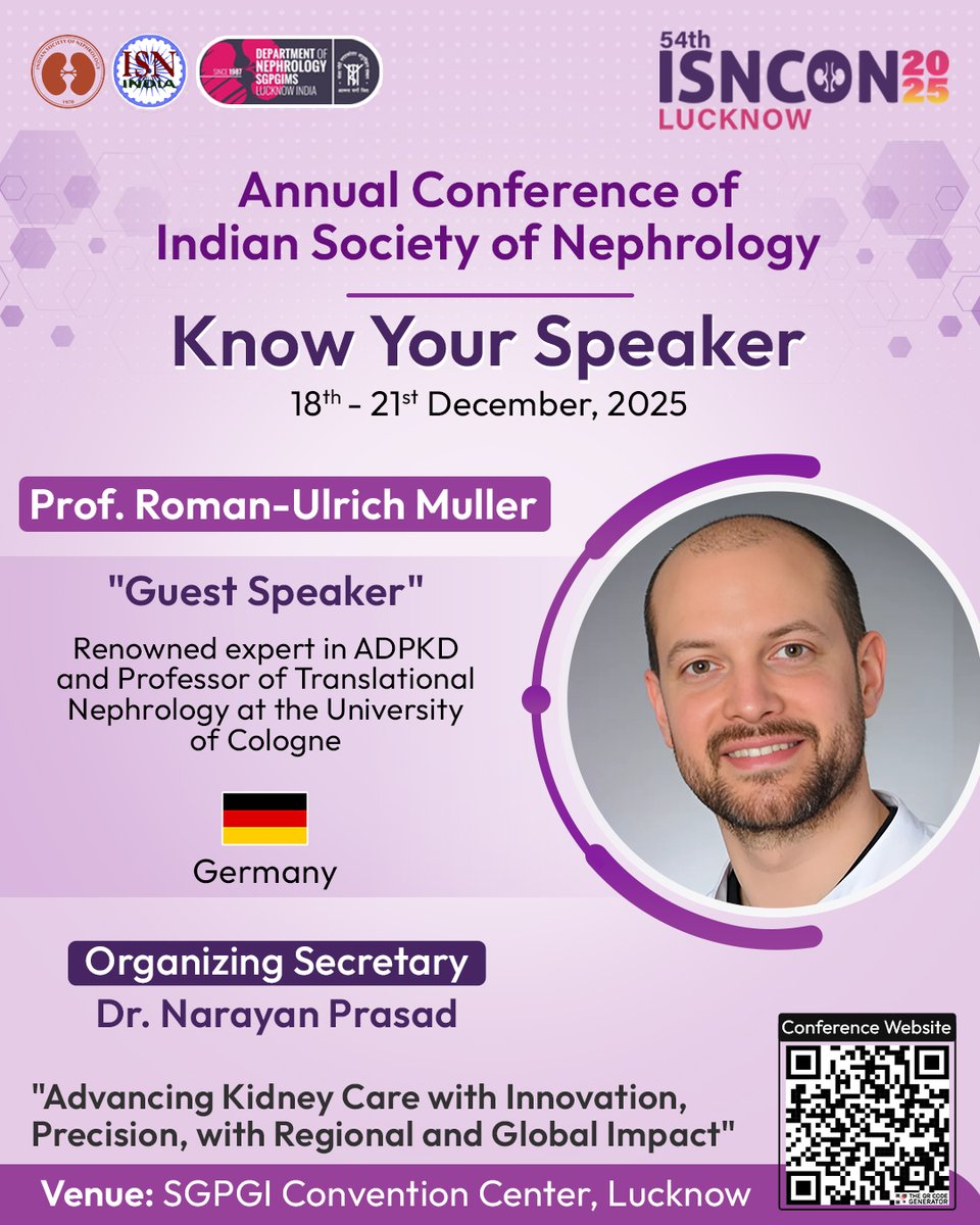 Isncon25's tweet image. π¨ Meet the Expert!
Prof. Roman-Ulrich Muller π©πͺ
Joins #ISNCON2025 as a Guest Speaker!
Renowned ADPKD specialist from the University of Cologne.
π SGPGI, Lucknow | ποΈ 18-21st Dec 2025
ISNCON Website : isncon2025.com
#Nephrology #ISN #MedicalConference #KidneyCare