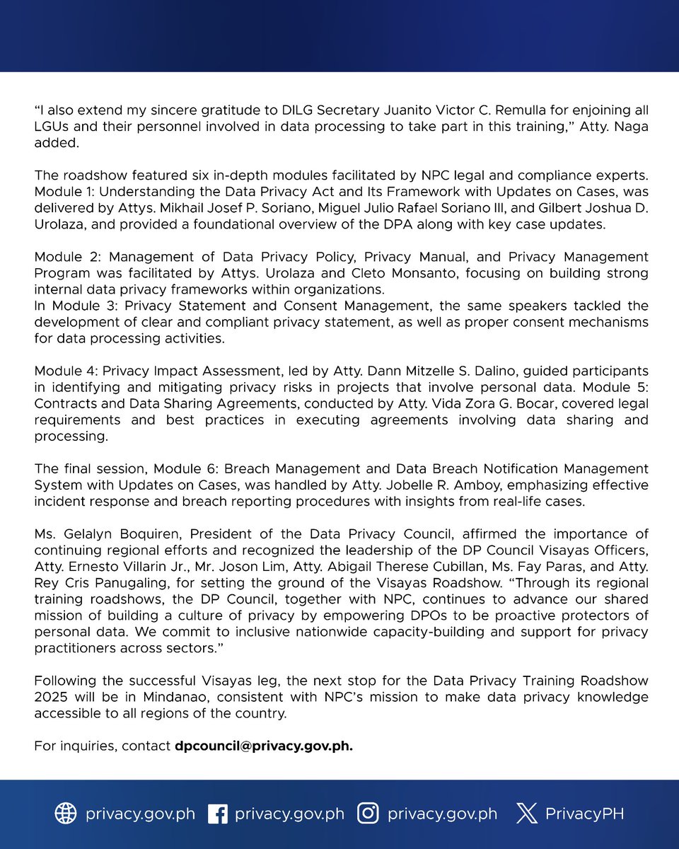 𝐏𝐑𝐄𝐒𝐒 𝐑𝐄𝐋𝐄𝐀𝐒𝐄

𝐃𝐏 𝐂𝐨𝐮𝐧𝐜𝐢𝐥, 𝐍𝐏𝐂 𝐬𝐭𝐫𝐞𝐧𝐠𝐭𝐡𝐞𝐧 𝐩𝐫𝐢𝐯𝐚𝐜𝐲 𝐤𝐧𝐨𝐰𝐥𝐞𝐝𝐠𝐞 𝐚𝐧𝐝 𝐜𝐨𝐦𝐩𝐥𝐢𝐚𝐧𝐜𝐞 𝐢𝐧 𝐕𝐢𝐬𝐚𝐲𝐚𝐬 𝐭𝐡𝐫𝐨𝐮𝐠𝐡 𝟐𝟎𝟐𝟓 𝐑𝐨𝐚𝐝𝐬𝐡𝐨𝐰

Read more below or on our website: privacy.gov.ph/dp-council-npc…
#PrivacyPH