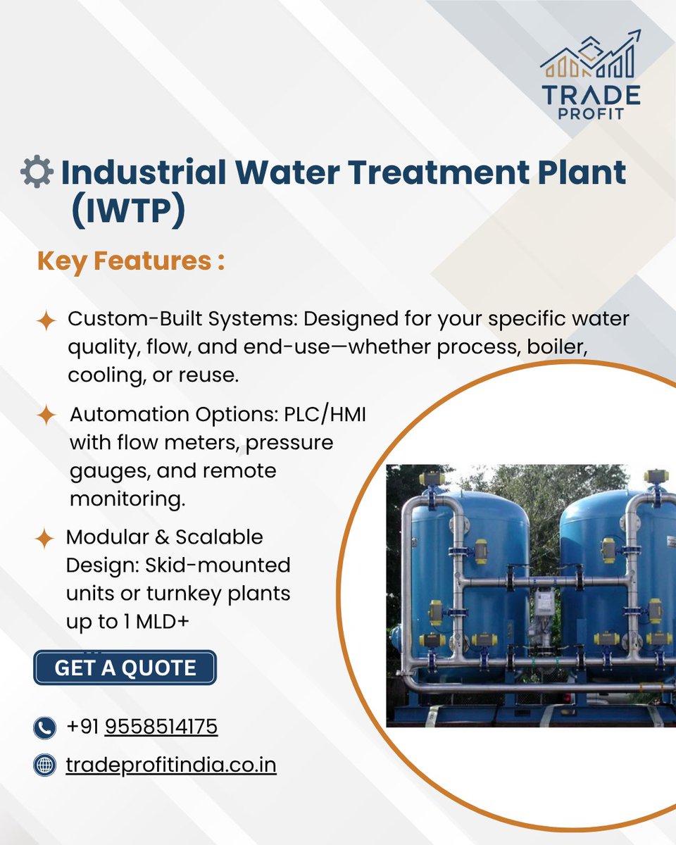 _TradeProfit_'s tweet photo. ⚙️ IWTPs that don’t just treat water — they treat your compliance worries too.

Reliable. Customizable. Industry-grade.

📞 +91 9558514175 | 🌐 https://t.co/DiiFcqdfsP

#IWTP #IndustrialWaterTreatment #EffluentTreatment #TradeProfitIndia https://t.co/wDL2QMLy5m