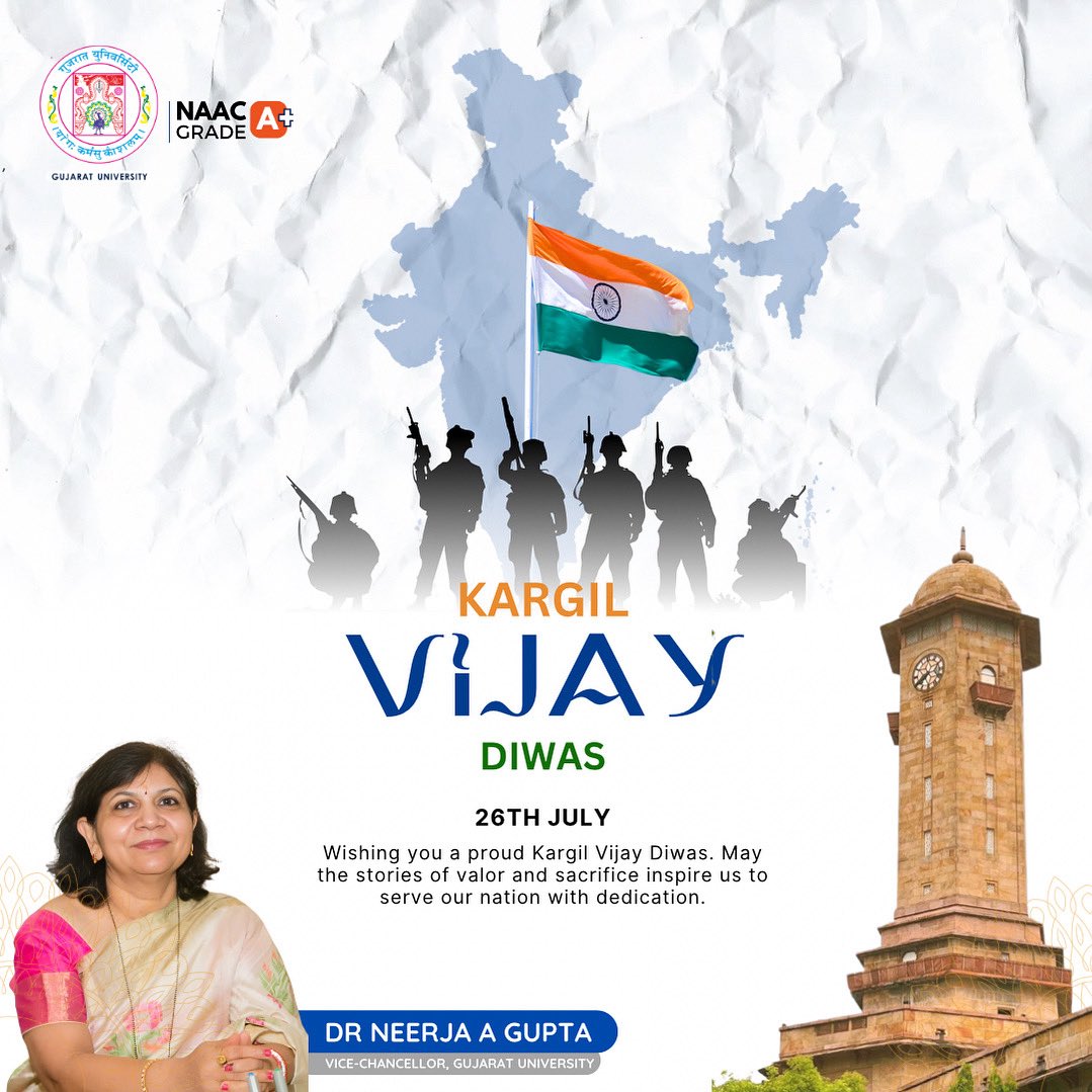 gujuni1949's tweet image. Honoring the heroes who safeguarded our nation’s pride.
On this Kargil Vijay Diwas, let us remember their courage and sacrifices that inspire us forever.
#KargilVijayDiwas #SaluteToHeroes #GujaratUniversity