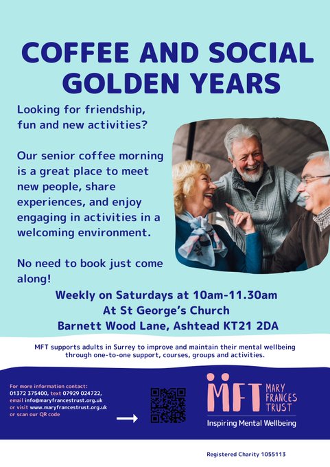 SupportSurrey's tweet image. ☕ Join @MaryFrancesTrst Golden Years Coffee Morning - a relaxed drop-in for older adults.
🗓Saturdays, 10am to 11.30am
📍St George’s Church, Ashtead
•Friendly chats
•Light-hearted fun
•Tea, coffee & biscuits
•A warm, welcoming space
orlo.uk/P4HfX
#Surrey