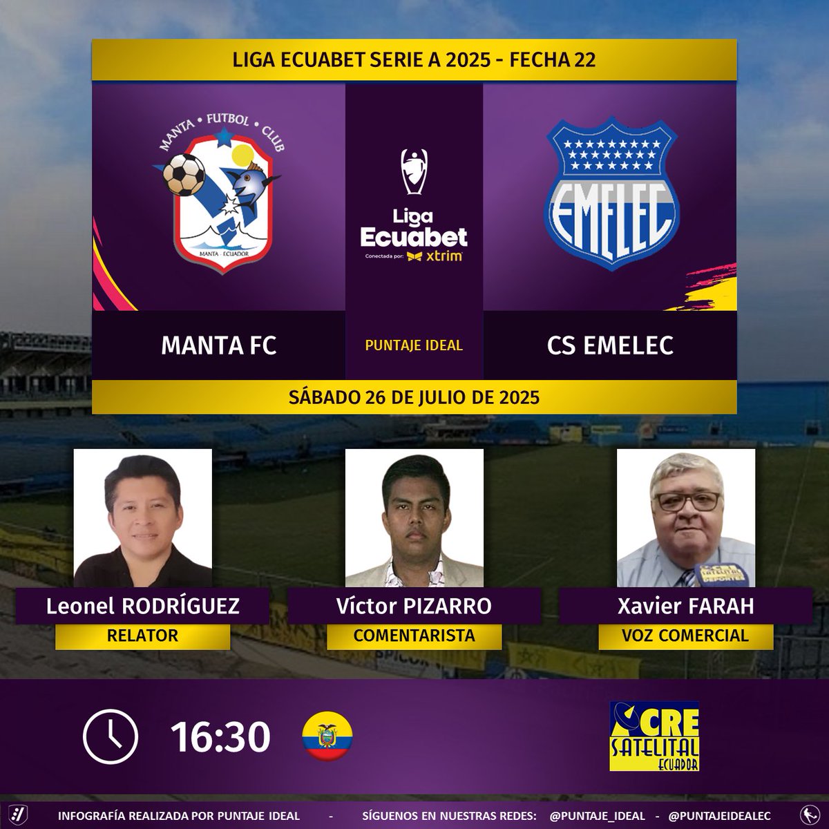 Puntaje Ideal EC (@puntajeidealec) on Twitter photo ⚽ #LigaEcuabet 🇪🇨 | #Manta vs. #Emelec
🎙 Relator: <a href="/lrodriguezerazo/">Leonel Rodríguez Erazo</a>
🎙 Comentarista: <a href="/VctorPizarro7/">Víctor Antonio Pizarro Zúñiga</a>
🎙 Voz Comercial: <a href="/XavierFarahA/">Xavier Farah Aspiazu</a>
📻 <a href="/Cresatelitalecu/">CRE Deportes</a>
🤳 #TusOjosEnLaCancha
Dale RT 🔃 ⚽ #LigaEcuabet 🇪🇨 | #Manta vs. #Emelec
🎙 Relator: <a href="/lrodriguezerazo/">Leonel Rodríguez Erazo</a>
🎙 Comentarista: <a href="/VctorPizarro7/">Víctor Antonio Pizarro Zúñiga</a>
🎙 Voz Comercial: <a href="/XavierFarahA/">Xavier Farah Aspiazu</a>
📻 <a href="/Cresatelitalecu/">CRE Deportes</a>
🤳 #TusOjosEnLaCancha
Dale RT 🔃