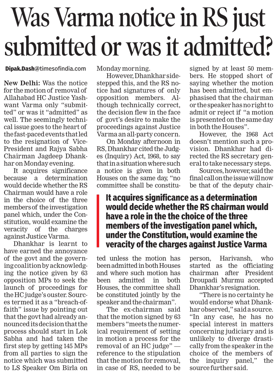 dipakdashTOI's tweet image. Amid the ongoing high voltage resignation of former VP @Jagdeepdhankad and motions to remove Justice Varma of Allahabad HC, shering here my two reports in @timesofindia
1) Was motion in RS Submitted or Admitted (July 23 Wednesday)
2) Motion in RS only submitted, not admitted