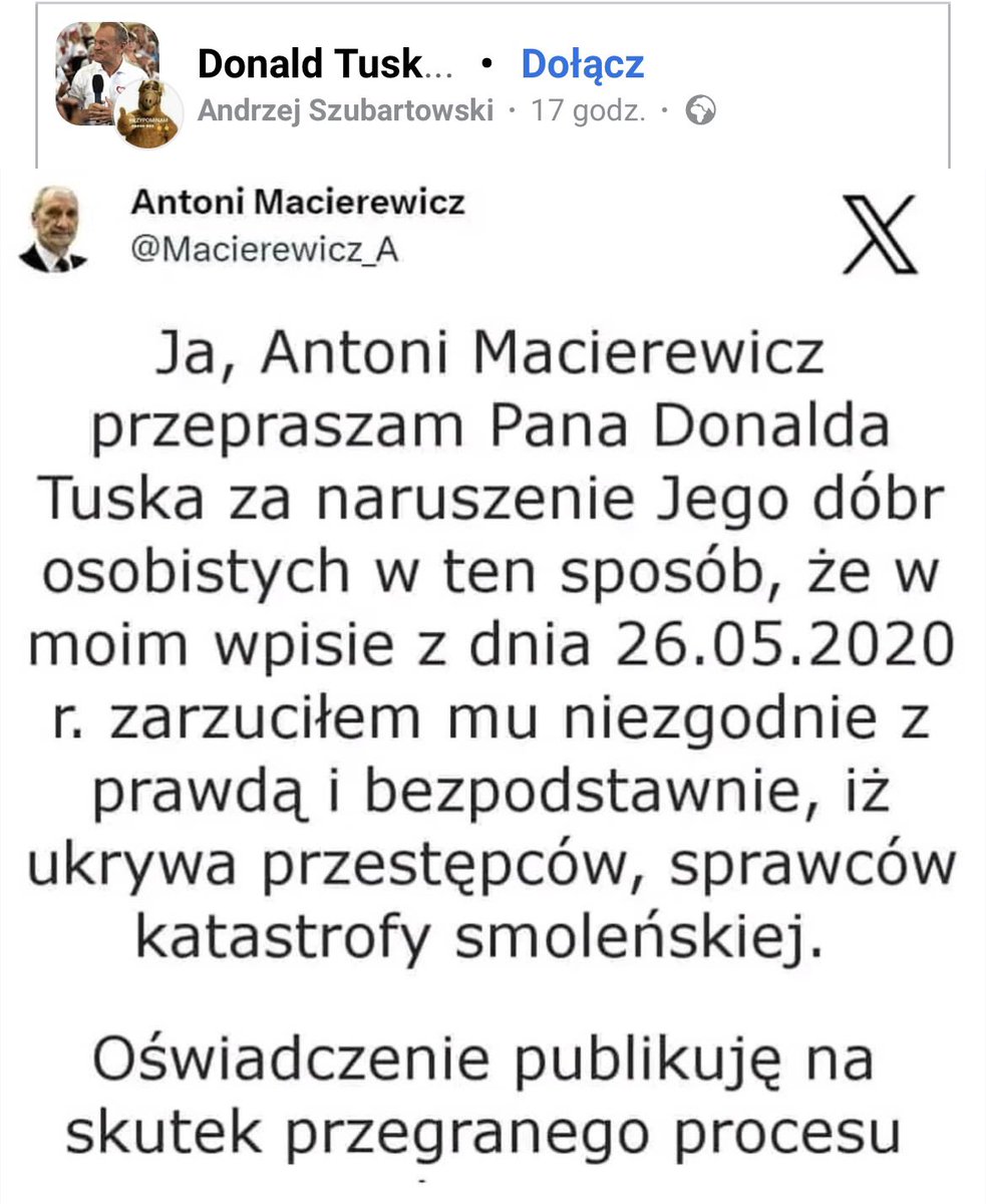Jeśli ktoś nie zauważył <a href="/Macierewicz_A/">Antoni Macierewicz</a> przegrał proces z <a href="/donaldtusk/">Donald Tusk</a> !