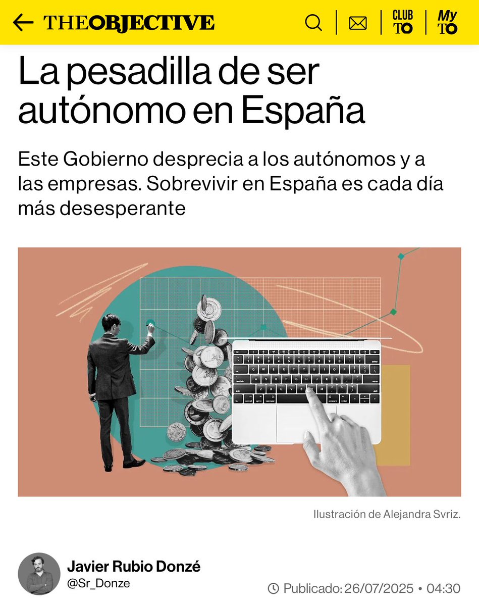 Javier Rubio Donzé (@sr_donze) on Twitter photo Hoy escribo sobre la pesadilla de ser autónomo en España.
Con mención a <a href="/CarlosGranes/">CARLOS GRANÉS</a> y a <a href="/alb_olmos/">Alberto Olmos</a>
👉🏻 theobjective.com/opinion/2025-0… Hoy escribo sobre la pesadilla de ser autónomo en España.
Con mención a <a href="/CarlosGranes/">CARLOS GRANÉS</a> y a <a href="/alb_olmos/">Alberto Olmos</a>
👉🏻 theobjective.com/opinion/2025-0…