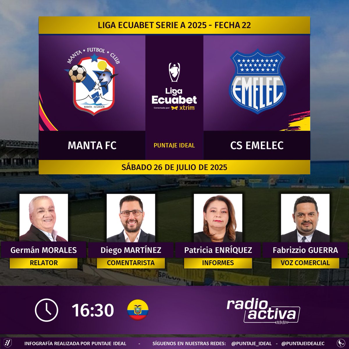 Puntaje Ideal EC (@puntajeidealec) on Twitter photo ⚽ #LigaEcuabet 🇪🇨 | #Manta vs. #Emelec
🎙 Relator: <a href="/geramocam/">Germán Morales</a>
🎙 Comentarista:<a href="/DiegoMartinez_C/">Diego Martínez C.</a>
📋 Informes: <a href="/PachiComunicar/">Patricia Enriquez S.</a>
🎙 Voz comercial: <a href="/fabrizz61167802/">Fabrizzio Guerra</a>
📻 <a href="/radioactiva_ec/">Radioactiva Ecuador</a>
🤳 #Radioactiva
Dale RT 🔃 ⚽ #LigaEcuabet 🇪🇨 | #Manta vs. #Emelec
🎙 Relator: <a href="/geramocam/">Germán Morales</a>
🎙 Comentarista:<a href="/DiegoMartinez_C/">Diego Martínez C.</a>
📋 Informes: <a href="/PachiComunicar/">Patricia Enriquez S.</a>
🎙 Voz comercial: <a href="/fabrizz61167802/">Fabrizzio Guerra</a>
📻 <a href="/radioactiva_ec/">Radioactiva Ecuador</a>
🤳 #Radioactiva
Dale RT 🔃