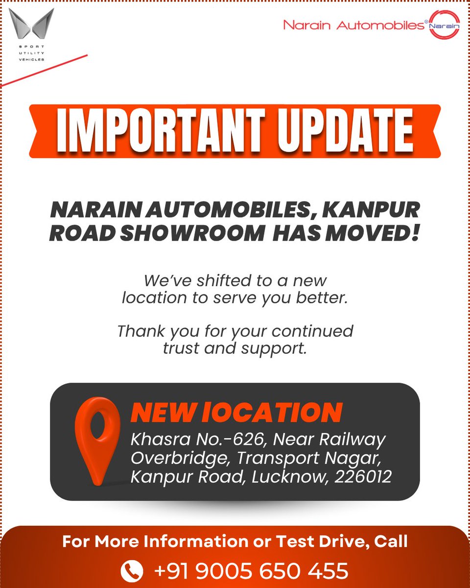NarainAutomobi4's tweet image. New Location, Same Unmatched Experience.

Narain Automobiles, Kanpur Road, has now shifted!

📍Visit us at:
Khasra No.-626, Near Railway Overbridge, Transport Nagar, Kanpur Road, Lucknow

#NarainAutomobiles #WeHaveShifted #MahindraExperience #KanpurRoad #LucknowUpdates