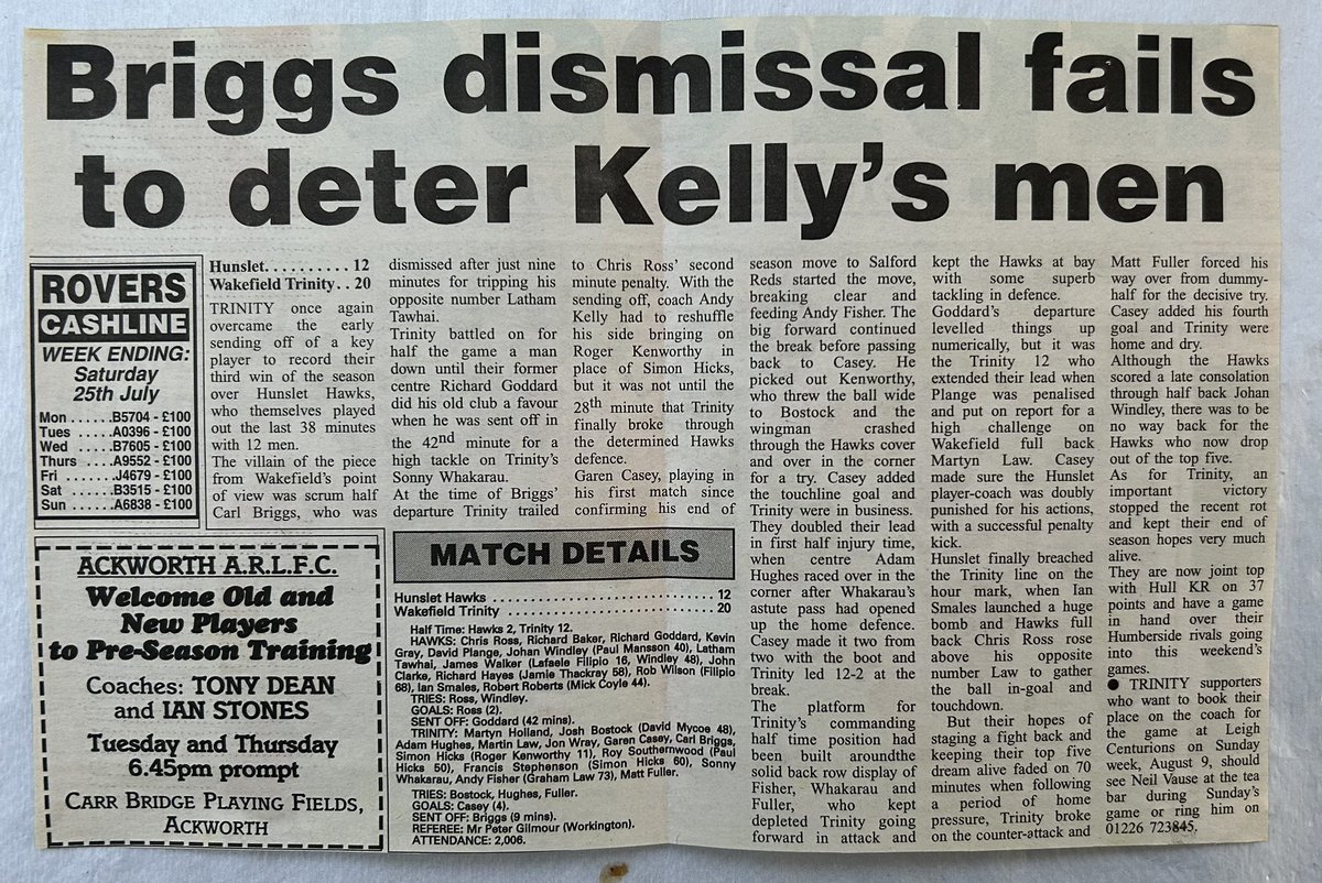 TrinityHeritage's tweet image. 📌 On This Day in History:
🗓️ 26th July 1998
🏉 Hunslet 12 Wakefield Trinity 20
🏆 League (T2)
👨👨👧👧 2,007 at South Leeds Stadium
Despite having Carl Briggs sent off after just nine minutes for tripping, Trinity beat Hunslet for the third time in 1998 … who had Richard Goddard…