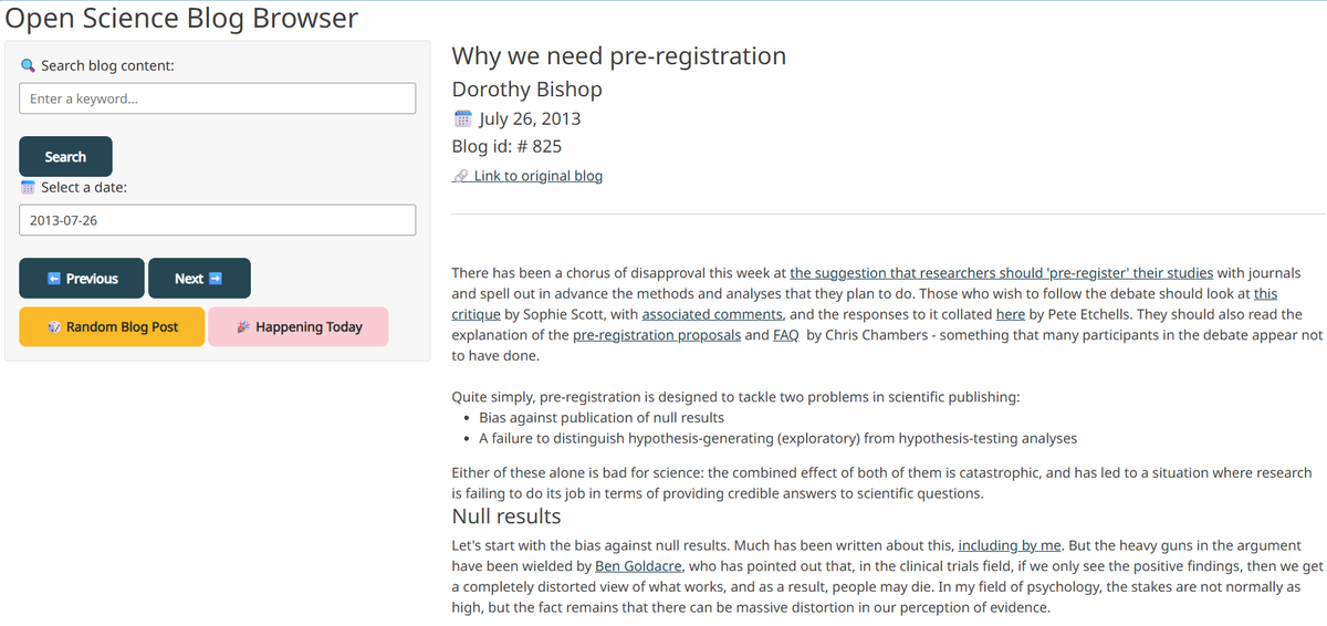 The first version of the open science blog archive is complete, with 3530 posts from 52 blogs. Browse them in the online Shiny app: shiny.ieis.tue.nl/open_science_b… All blog posts are ordered chronologically. Have fun exploring part of the open science history in psychology!