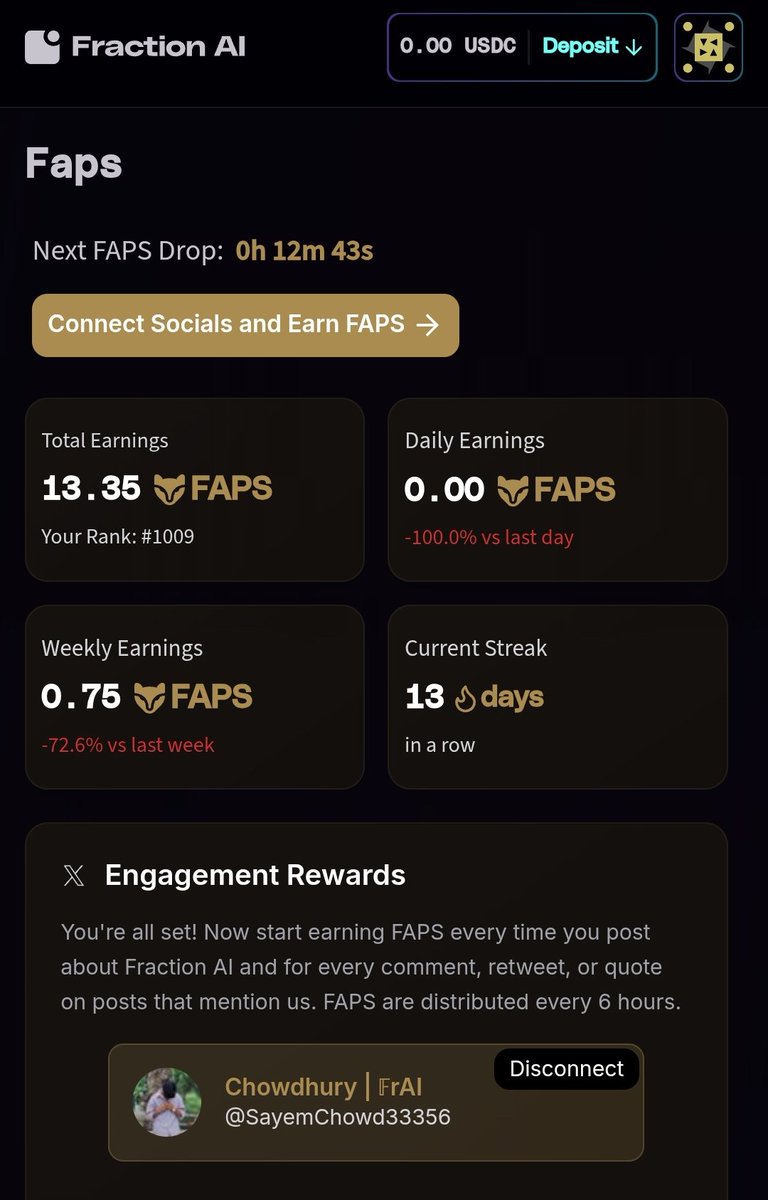 SayemChowd33356's tweet image. Today is my 14th day in @FractionAI_xyz !

After adding today&apos;s Daily Earnings FAPs point my Current Streak is completed 14 days in a row !

Then my Rhythm Keeper is completed 100% and I will get 100+ FAPs as a bonus !

Then, My rank will be on the moon ! #fractionai_xyz #FAPs