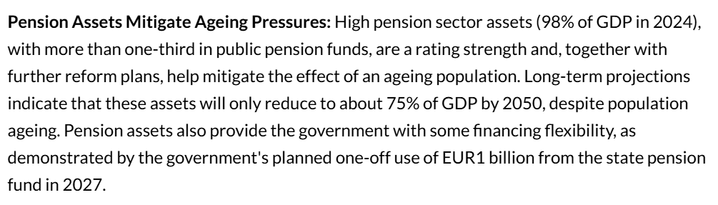 Fitchin eilisessä luottoluokitusarviossa eläkevarojen korkea määrä arvioidaan Suomen vahvuudeksi kuten aikaisemminkin. VER:n eläkevarojen siirto tulkittu tässä yhteydessä positiiviseksi esimerkiksi. Auts.