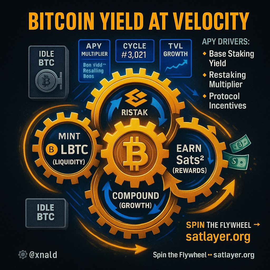 0xnald's tweet image. The Restaking Liquidity Flywheel
How Lombard + @satlayer Create Sustainable BTC Yield
Restaking is unlocking a new era of Bitcoin yield.
At the center of it is Lombard’s $LBTC + SatLayer’s validator economy.
Let me break down how this creates a powerful liquidity loop for BTC…