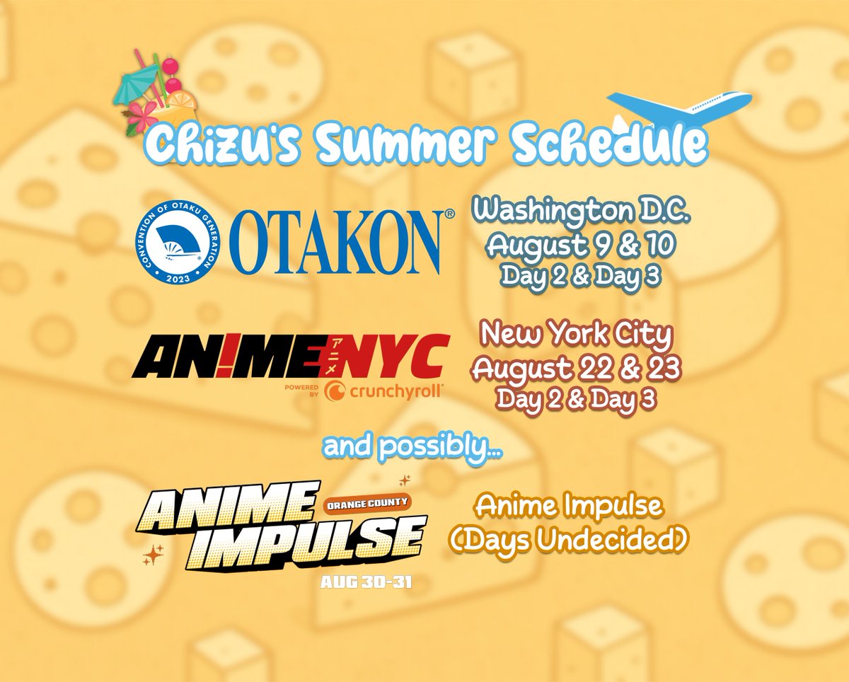 ChizuCheese8's tweet image. I'll be attending three more events in the US this summer! Hope to meet more of you guys there~💡
Let's take pictures and make great memories 🧡🧀