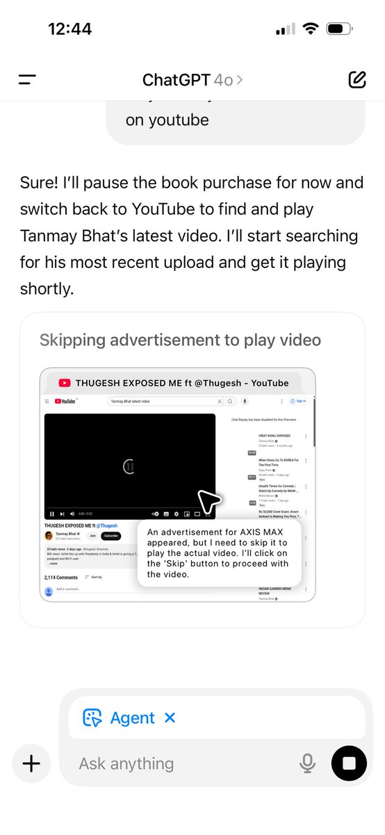 nakshlife's tweet image. I asked the CHAT GPT Agent to play Tanmay Bhat’s latest video & it actually skipped the ad for me, I didn’t even asked for it
This is very interesting.
Do you think there is going to be a change in ad revenues with so many AI agents & agentic browsers in picture now?