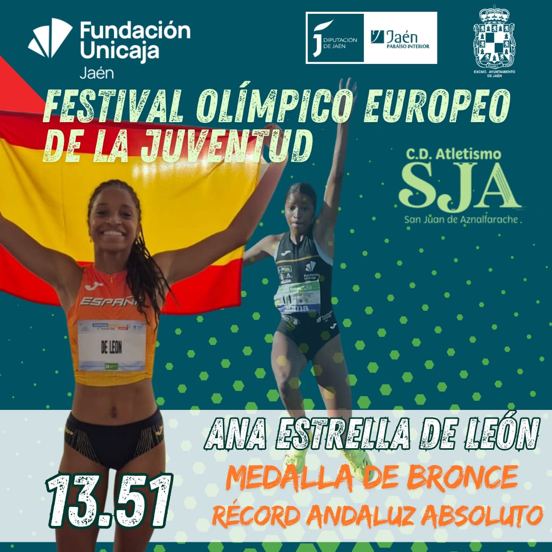 Enhorabuena a Ana Estrella de León, atleta de nuestro equipo filial C.D Atletismo San Juan de Aznalfarache, por esa fantástica medalla de bronce 🥉 conseguida en el <a href="/Skopje2025/">European Youth Olympic Festival Skopje 2025</a>

Y por el nuevo récord andaluz absoluto en triple, estableciéndolo en 13.51.