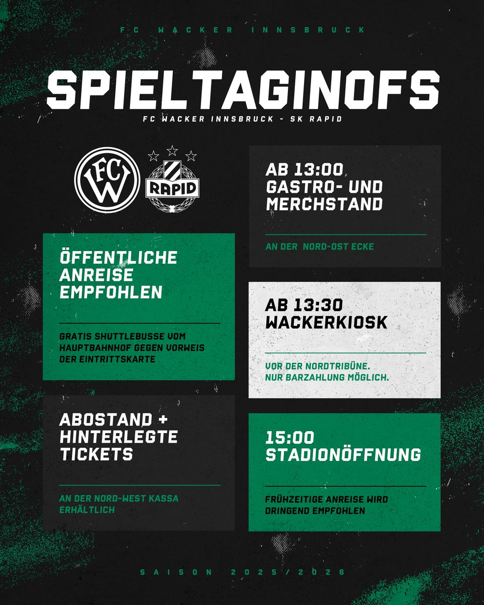 ℹ️ Wichtige Spieltagsinfos❗️

-&gt; Bitte um 𝐟𝐫ü𝐡𝐳𝐞𝐢𝐭𝐢𝐠𝐞 𝐀𝐧𝐫𝐞𝐢𝐬𝐞
-&gt; Empfehlung: ö𝐟𝐟𝐞𝐧𝐭𝐥𝐢𝐜𝐡𝐞 𝐕𝐞𝐫𝐤𝐞𝐡𝐫𝐬𝐦𝐢𝐭𝐭𝐞𝐥
-&gt; 𝐀𝐛𝐨𝐯𝐞𝐫𝐤𝐚𝐮𝐟 am Spieltag
-&gt; Ab 13:00 Uhr 𝐏𝐫𝐨𝐠𝐫𝐚𝐦𝐦 𝐚𝐧 𝐝𝐞𝐫 𝐍𝐨𝐫𝐝-/𝐎𝐬𝐭-𝐄𝐜𝐤𝐞

👉bit.ly/CupRapid