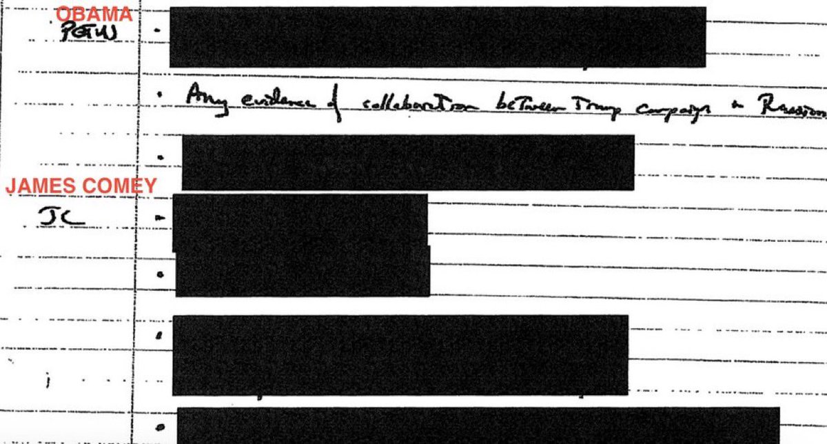 How do you think Obama replies to Brennan giving him news of the Clinton Plan to dirty up Donald Trump? 
"Oh no, it's terrible, arrest Hillary"? NOPE
Obama asks: “Any evidence of collaboration between Trump campaign + Russia”. —as per Brennan’s handwritten notes.  
Obama was just