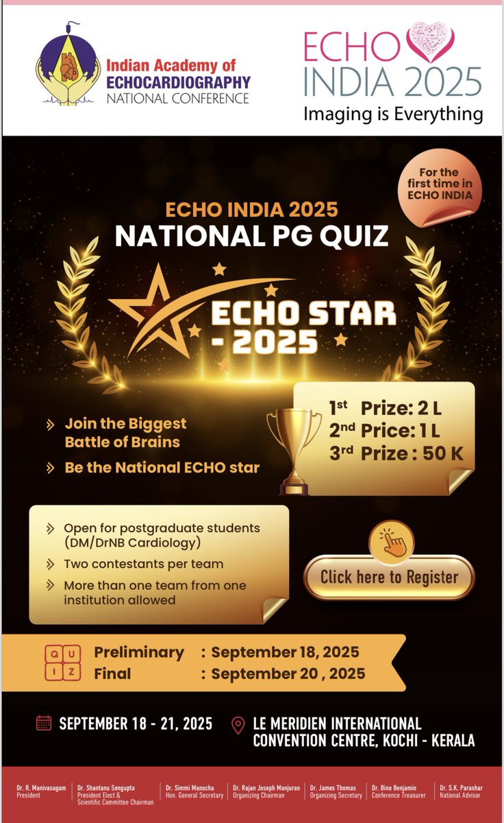 Shantanu Sengupta (@senguptasp) on Twitter photo Great chance for all fellows/ post graduate cardiology students and #echofirst enthusiasts to take part in this quiz ….
Great prizes #echoindia2025 Great chance for all fellows/ post graduate cardiology students and #echofirst enthusiasts to take part in this quiz ….
Great prizes #echoindia2025