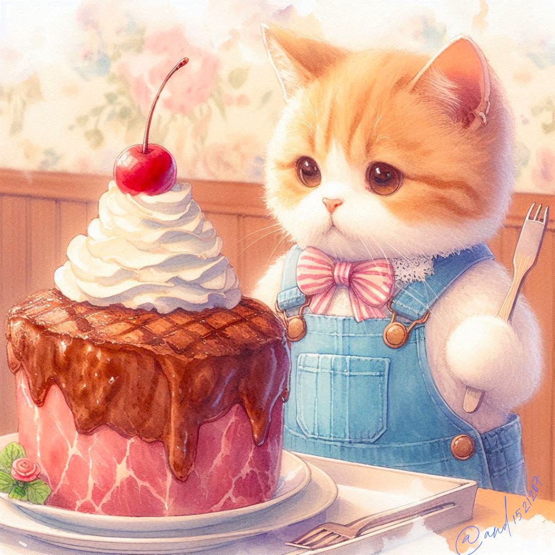 and1521207's tweet image. にゃんこ用ステーキを注文!🥩
なんか思ってたのと違うニャ😿😹
Chef, I wanted a snack, not a steak to feed an army!🪖🥩
Brace yourself—the paw’s coming heavy!👊
#aiart #AIイラスト #cat #猫