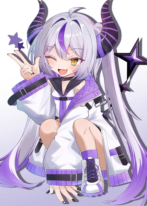 ピースするラプちゃん描きました～ いぇ～い 気に入っていただけたらRPよろしくっす!! 次のコミケでタペストリーにしてみようかと思ってますので気が向いたら足を運んでもらえればと～ #ラプラス·ダークネス #hololive #laplus_artdesu