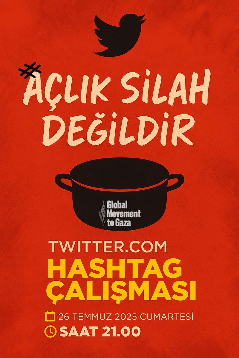 marchtogazaturk's tweet image. Bu akşam saat 21.00’de, Gazze’de uygulanan açlık politikası ve katliamları dünya gündemine taşımak amacıyla kapsamlı bir Twitter hashtag kampanyası gerçekleştirilecektir. Destek ver, Gazze'ye ses ol!