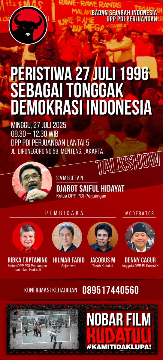 Bagi yang berminat ikut dipersilahkan hadir di kantor DPP PDI Perjuangan, Jl. Diponegoro No 58, Menteng, Jakpus, besok 27 Juli 2025 pukul 09:30 WIB.  🤟

*cc <a href="/PDI_Perjuangan/">PDI Perjuangan</a>