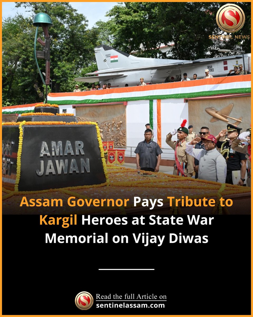 Sentinel_Assam's tweet image. Marking the 26th anniversary of India’s victory in the Kargil War, Assam Governor Shri Lakshman Prasad Acharya paid floral tribute at the State War Memorial in Dighalipukhuri, Guwahati.
Honouring the valour of the Indian Armed Forces, the governor praised their resilience…
