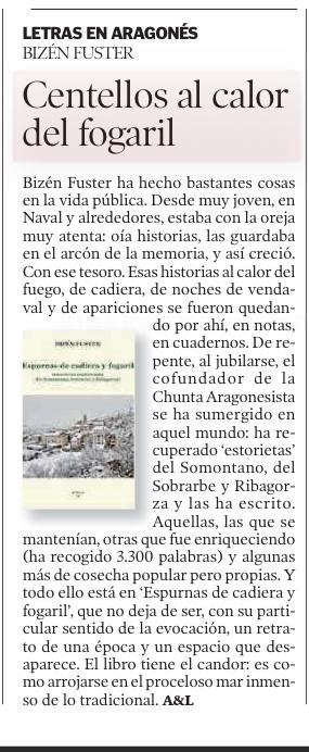 Bizén Fuster (@bizenfuster1) on Twitter photo Mi "ESPURNAS DE CADIERA Y FOGARIL" hoy en el suplemento Artes&Letras de <a href="/heraldoes/">Heraldo de Aragón</a> que dirige Anton Castro, flamante Premio las Letras Aragonesas 2024 junto a Pepe Melero.
@cfa @rea <a href="/ligallo/">Ligallo de Fablans de l'Aragonés</a> <a href="/aragon_2015/">ARAGÓN</a> <a href="/AraRegnum/">AraRegnum</a> <a href="/libreriasdezgz/">Librerías Zaragoza</a> <a href="/sevegodina/">sevegodina</a> <a href="/chunta/">Chunta Aragonesista</a> <a href="/NazionAragon/">Asemblea Nazional - 20 d’abiento</a> Mi "ESPURNAS DE CADIERA Y FOGARIL" hoy en el suplemento Artes&Letras de <a href="/heraldoes/">Heraldo de Aragón</a> que dirige Anton Castro, flamante Premio las Letras Aragonesas 2024 junto a Pepe Melero.
@cfa @rea <a href="/ligallo/">Ligallo de Fablans de l'Aragonés</a> <a href="/aragon_2015/">ARAGÓN</a> <a href="/AraRegnum/">AraRegnum</a> <a href="/libreriasdezgz/">Librerías Zaragoza</a> <a href="/sevegodina/">sevegodina</a> <a href="/chunta/">Chunta Aragonesista</a> <a href="/NazionAragon/">Asemblea Nazional - 20 d’abiento</a>