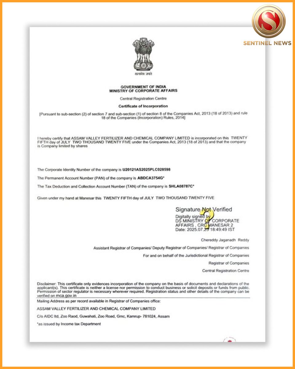 Sentinel_Assam's tweet image. A major step toward industrial revival in Assam, the Assam Valley Fertilizer and Chemical Company Limited (AVFCCL) has officially been incorporated as a joint venture of the Government of Assam and its partners.
This new entity is tasked with bringing to life the long-awaited…