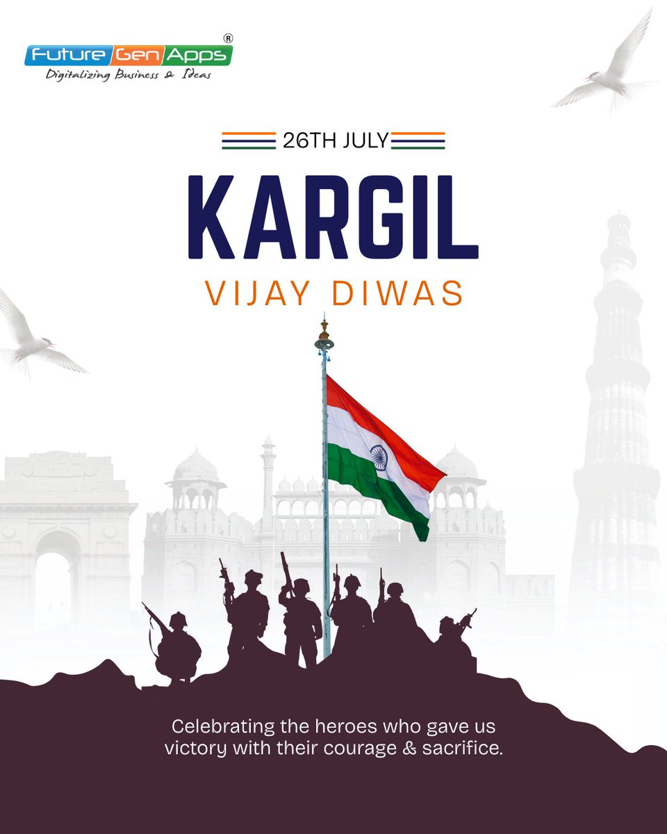 futuregenapps's tweet image. 🇮🇳 On this #KargilVijayDiwas, we salute the valiant heroes who defended our nation with unmatched courage in 1999.

Their bravery inspires us to build a stronger, digital India with dedication and pride.
 Jai Hind! 🇮🇳
#FutureGenApps #IndianArmy #DigitalIndia #KargilHeroes