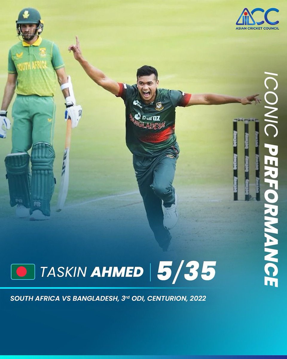 ACCMedia1's tweet image. Taskin Ahmed ripped through South Africa’s top order on their own turf back in 2022! 🇧🇩How many of you still remember that fiery spell? Drop a 💥 if you do! 

#IconicPerformance #ACC