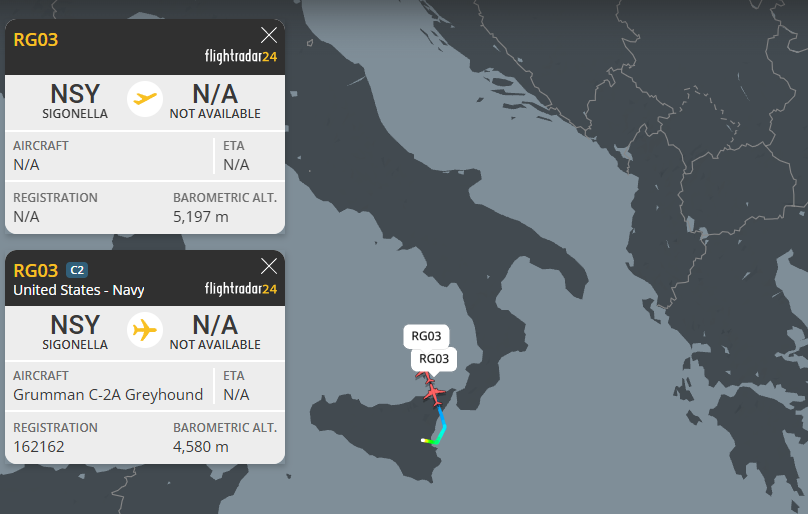 PierreDavideB's tweet image. RG03 - 162157 - AE0451
RG03 - 162166 - AE0454
USN C-2A Greyhound x2 out of Sigonella heading towards the Adriatic Sea (USS Gerald R. Ford).