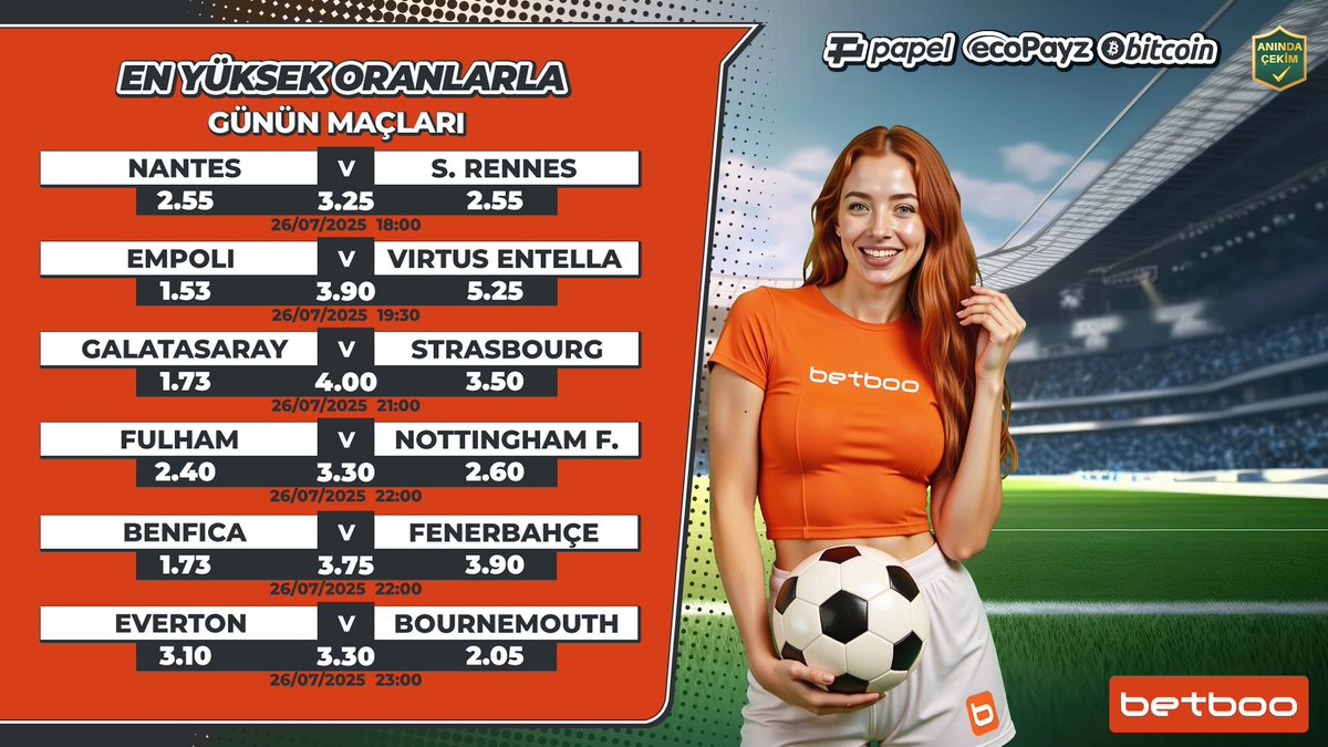 boonedirya's tweet image. 🔸 Lina ile günün maçları heyecanı Betboo'da! 🧡 #UEL
Nantes 🆚 Rennes
Empoli 🆚 Virtus Entella
Galatasaray 🆚 Strasbourg
Fulham 🆚 Nottingham
Benfica. 🆚 Fenerbahçe
Everton 🆚 Bournemouth
📳 500 TL'ye kadar bedava bahis Betboo farkı ile seni bekliyor! 👉…