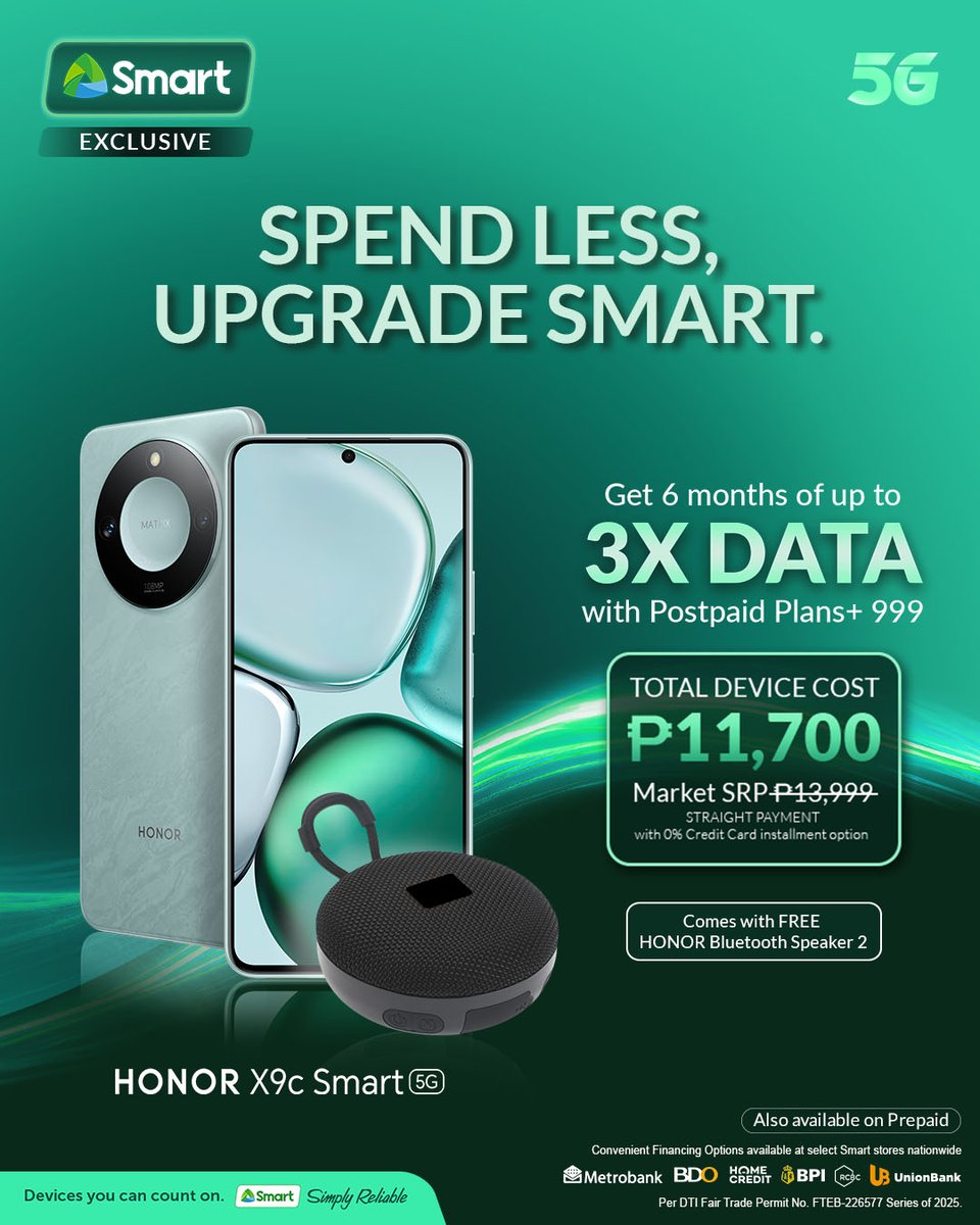 LiveSmart's tweet image. Triple Defense. Power in Every Layer.
Get the HONOR X9c Smart with Postpaid Plans+ 999 for only ₱11,700, and enjoy up to 3X data for 6 months and a FREE Honor Bluetooth Speaker 2.
Head to the nearest Smart Store to apply!