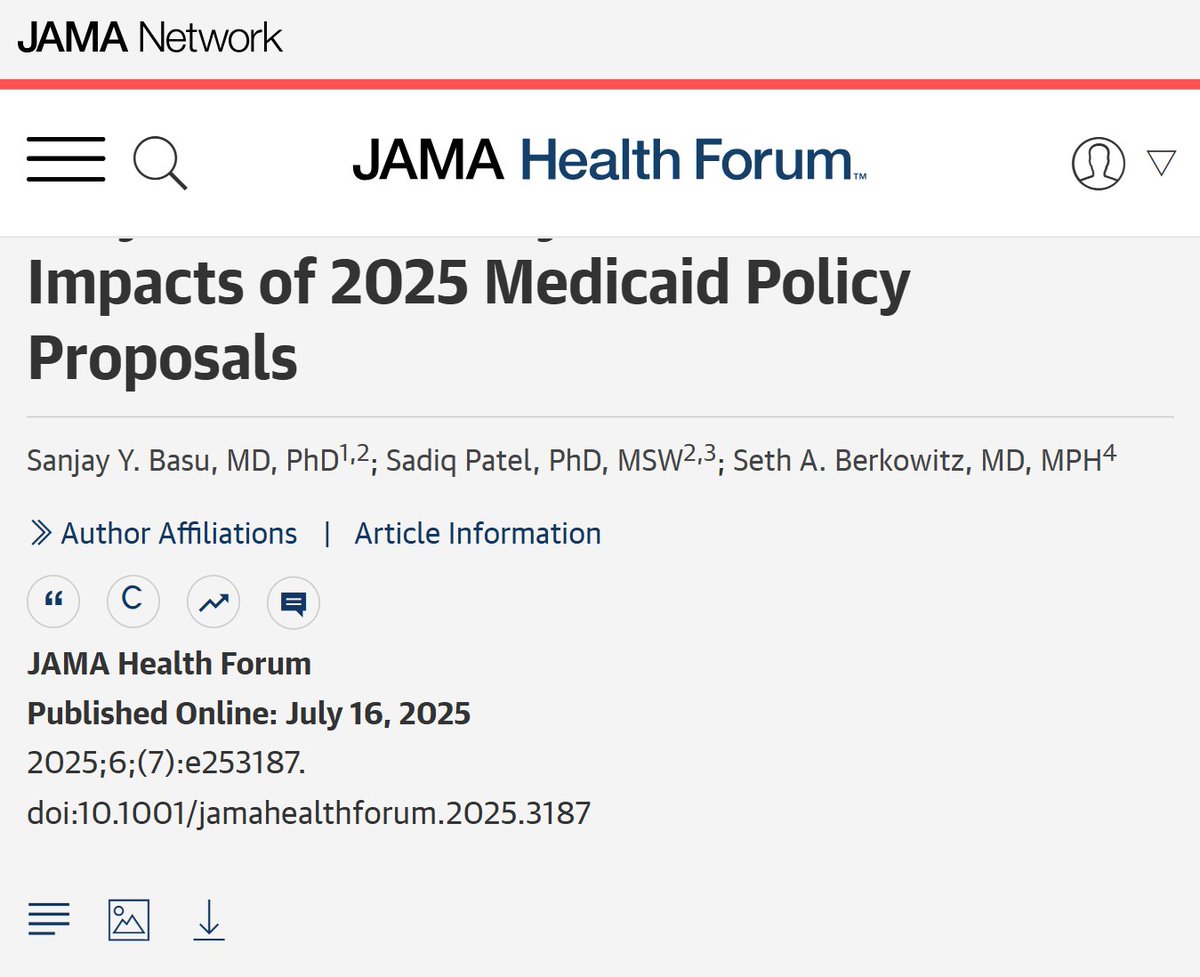 JAMAHealthForum's tweet image. Most viewed this week from @JAMAHealthForum:
The 2025 Budget Reconciliation Bill's proposed Medicaid changes, including eligibility restrictions and reduced funding, are projected to cause negative health, economic, and healthcare system impacts.
ja.ma/46ubmFy