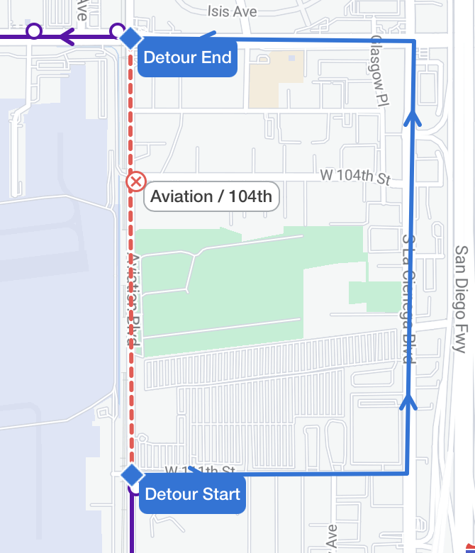metrolaalerts's tweet image. LINE 40: Buses to Redondo Beach Transit Center Station will detour from Aviation Blvd to La Cienega Blvd, between 111th St and Century Blvd, on Saturday, July 26, from 6am to 6pm due to construction.
