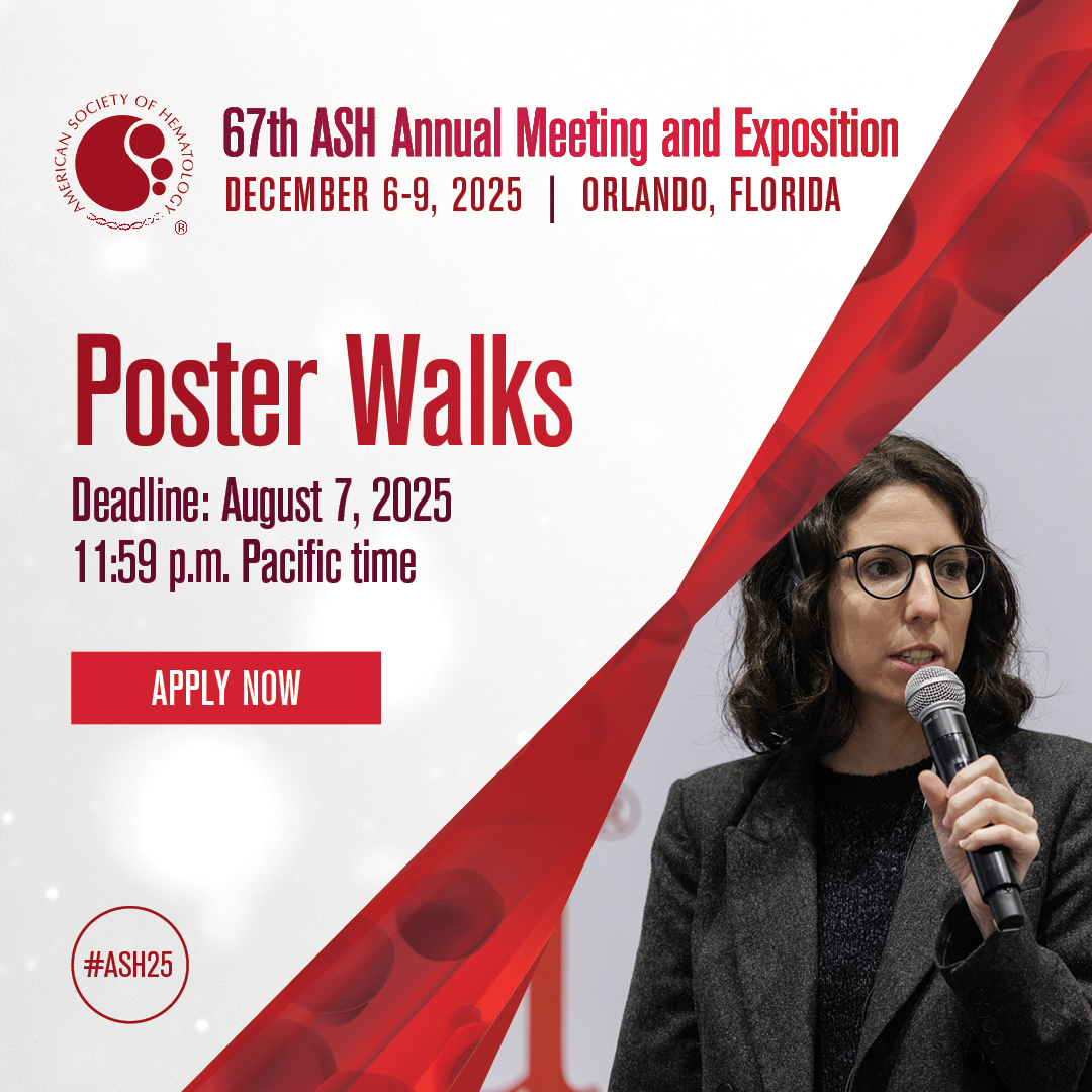 Excited about progress in an emerging area of hematology? Share research advances and spotlight those doing the work on an international stage at the 67th ASH Annual Meeting and Exposition!  

Organize a poster walk: ow.ly/mUcZ50WtxNj  

#ASH25 #Hematology
