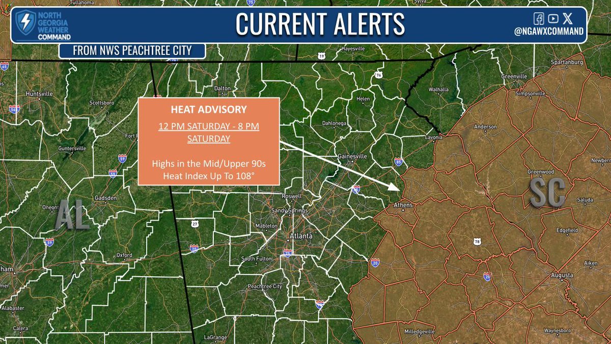 NGAWXCommand's tweet image. HEAT ADVISORY:
Highs today will climb to the mid-90s, and with ample moisture, heat index values will climb to the upper 90s and in some spots the triple digits. The National Weather Service has issued a heat advisory for portions of east central Georgia until 8PM. #gawx