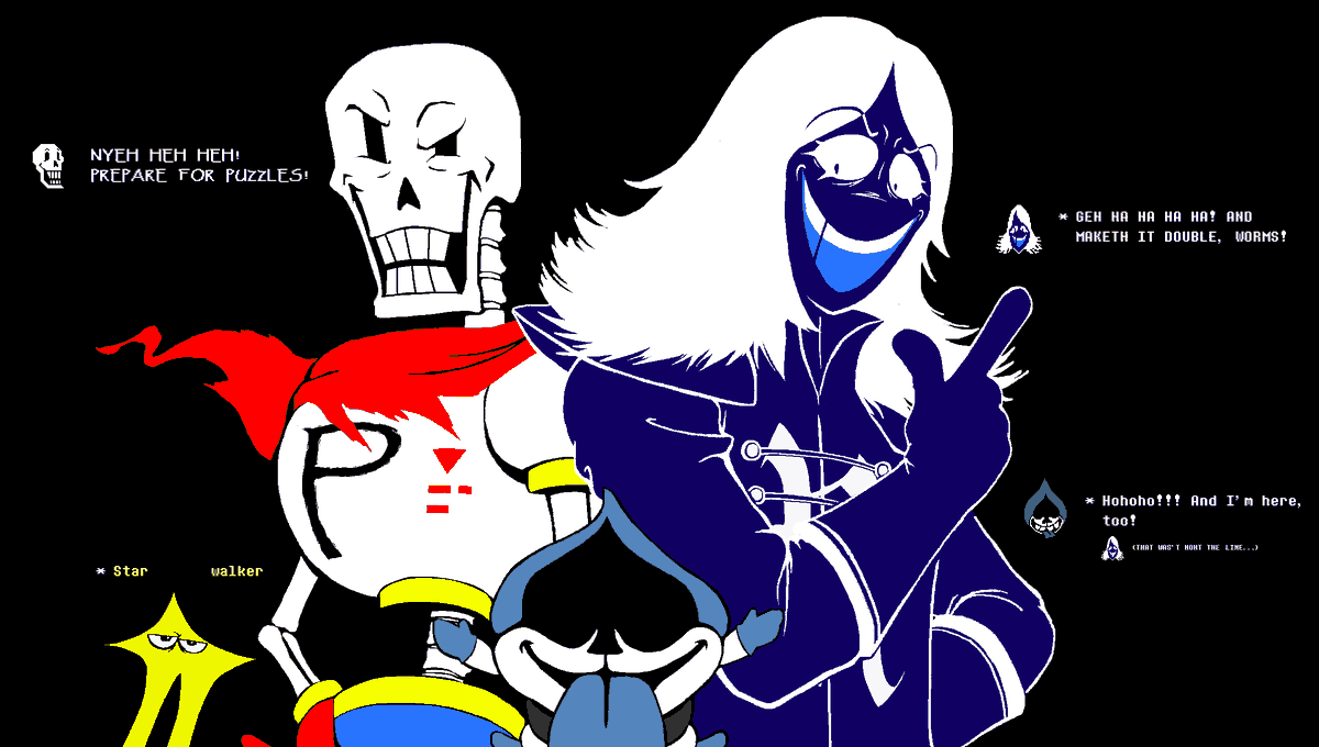 fungoamungo's tweet image. #DELTARUNE
PAPYRUS! ROUXLS KAARD!
TEAM PUZZLE BONETROUXSLES OFF AT THE SPEED OF LIGHT! SURRENDERETH NOWE, WORMS, OR PREPAYRE TO FIGHT!