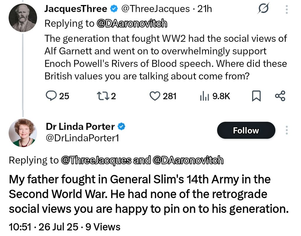 ThreeJacques's tweet image. This feels like it embodies the meme. I make a general statement about the British generation who fought the war. Female professional historian rebuts me by saying the general statement doesn't apply to her father.