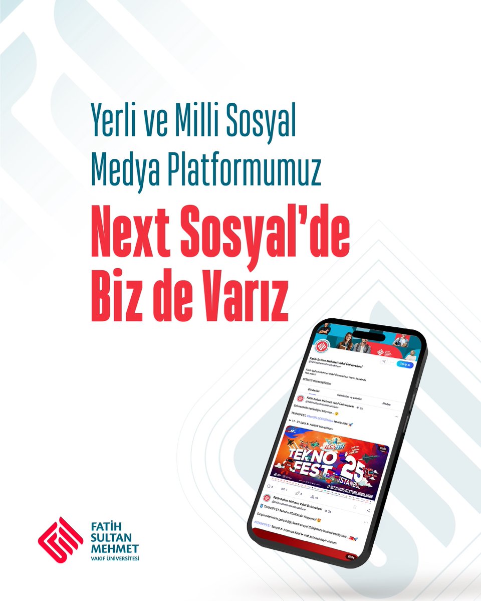fsmvu's tweet image. 🇹🇷 FSMVÜ artık Next Teknofest Sosyal’de!
Yerli ve millî sosyal medya platformumuz Next - Teknofest Sosyal’de biz de yerimizi aldık.
Paylaşımlarımızla, duyurularımızla ve etkileşimli içeriklerimizle artık Next’te de sizlerle buluşuyoruz!
📲 Bizi takip etmeyi unutmayın, birlikte…
