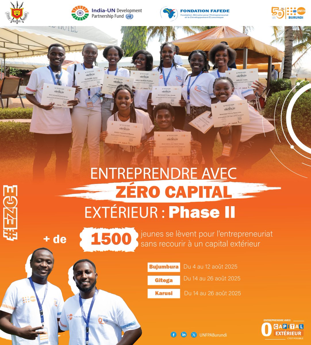 UNFPABurundi's tweet image. Après avoir formé 350 jeunes et soutenu 200+ entreprises, l’@UNFPABurundi lance la Phase II du #EZCE avec ses partenaires.
Objectif : former 1 500 jeunes dans 6 provinces, et soutenir leurs projets malgré le manque de financements.
#Jeunes #Entrepreneuriat #UNFPA50