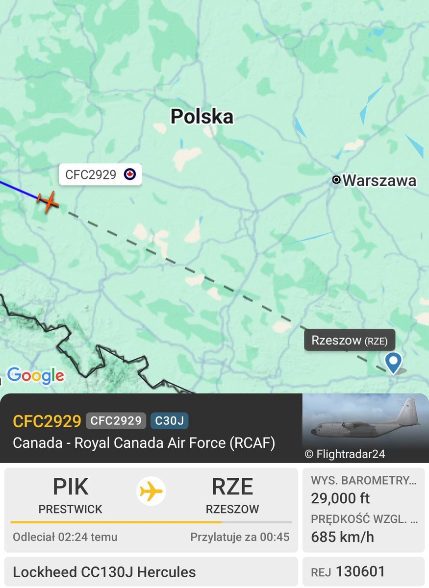 PolishMilRadar's tweet image. 📆26.07.2025 13:05LT
🇨🇦 Siły Powietrzne Kanady
✈️ Lockheed CC130J Hercules "130601"
#CFC2929 na wysokości FL290
🛫 Prestwick #EGPK
🛬Rzeszów #EPRZ
🔗fr24.com/CFC2929/3b6e58…
#POLMILRADAR