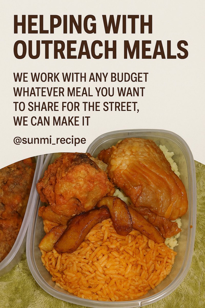 sunmi_recipe's tweet image. At @sunmi_recipe, we prepare hygienically packaged meals perfect for street outreaches,charity events, and community support initiatives.
From jollof rice with chicken or fish to custom meal options,we work with your budget to bring your vision to life.
Letβs feed the streets.