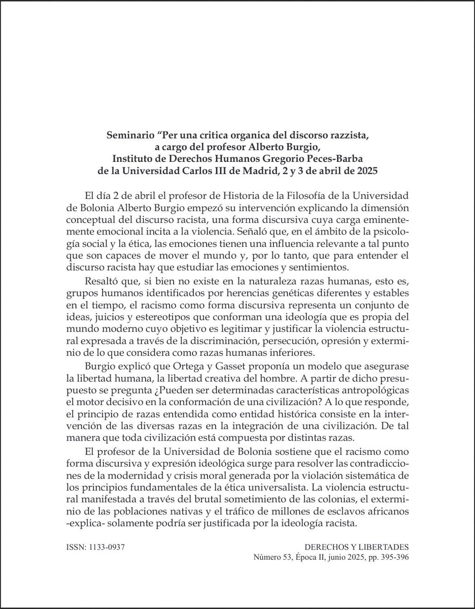 📘 #RevistaDerechosyLibertades Nº 53 (2025) <a href="/idhbc_uc3m/">Derechos Humanos (IDHPB)</a> <a href="/uc3m/">UC3M</a> <a href="/dykinsonlibros/">Librería - Editorial Dykinson 📚</a>

📣 Hoy en la sección #Noticias 🗞️ Seminario "Per una critica organica del discorso razzista" de #AlbertoBurgio a cargo de #SebastiánIbarraGonzález

⬇️ ¡Léelo aquí! ⬇️
🔗 e-revistas.uc3m.es/index.php/DYL/…