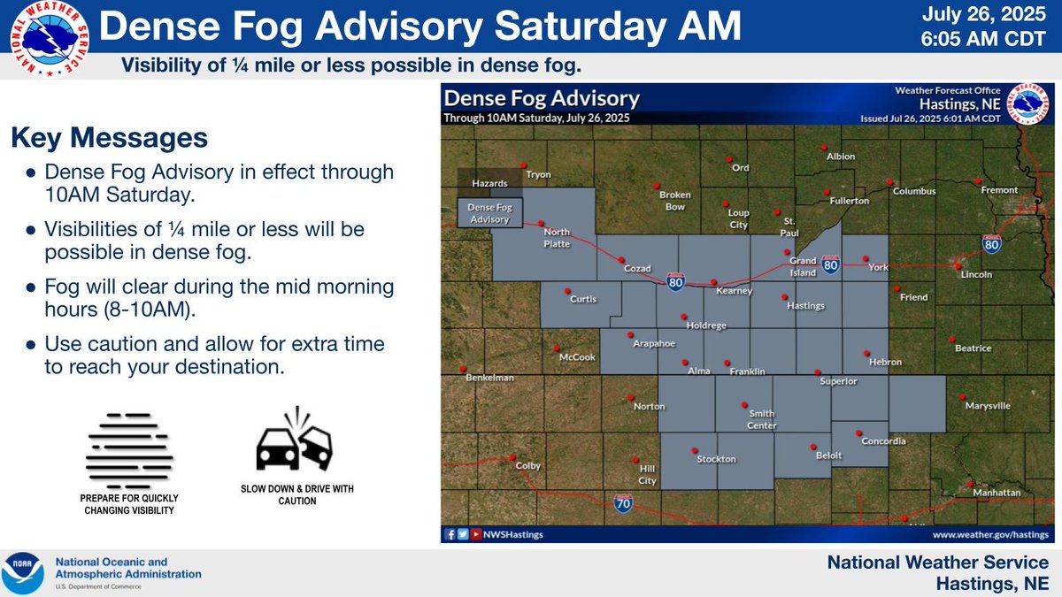 NWSHastings's tweet image. A Dense Fog Advisory has been issued for several counties across south central Nebraska through 10am Saturday. Visibilities have fallen below one mile and are expected to continue to fall through the night. Those needing to travel are encouraged to use caution. #kswx #newx