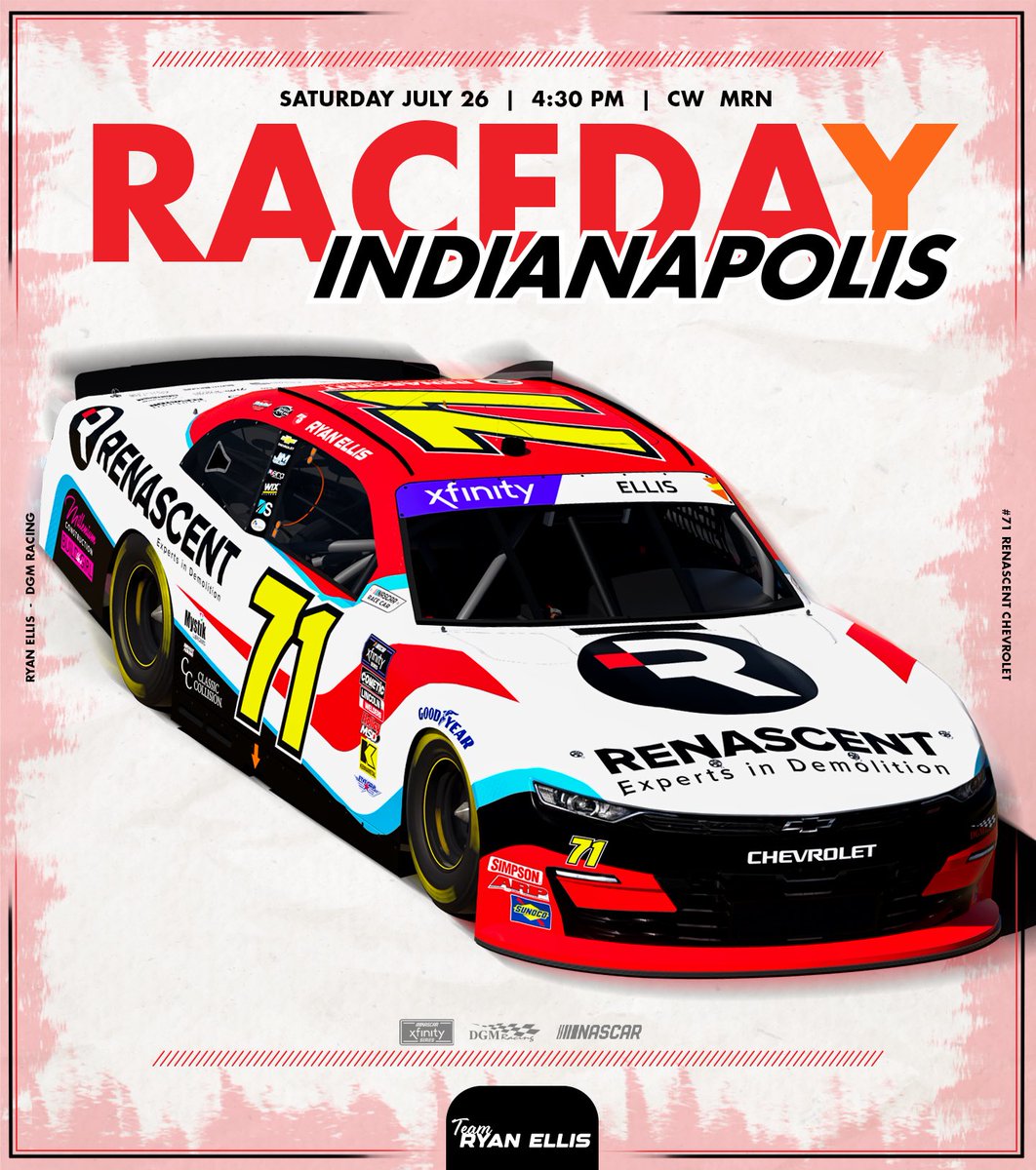 Ben Horton (@horton2802) on Twitter photo It’s race day for <a href="/ryanellisracing/">Ryan Ellis</a> and the #71 #Renascent Chevrolet from <a href="/IMS/">Indianapolis Motor Speedway</a>.
Qualifying 1 PM ET CW App
🟢 4:30 PM ET
📺 <a href="/TheCW_Sports/">The CW Sports</a>
📻 <a href="/SiriusXMNASCAR/">SiriusXM NASCAR Radio (Ch. 90)</a>
<a href="/DGMRacingFL/">DGM Racing</a> <a href="/TeamRyanEllis/">Team Ryan Ellis</a> <a href="/classicollision/">Classic Collision</a> <a href="/MystikLubes/">mystiklubes</a> <a href="/TabloTV/">TabloTV</a> #TeamEllis It’s race day for <a href="/ryanellisracing/">Ryan Ellis</a> and the #71 #Renascent Chevrolet from <a href="/IMS/">Indianapolis Motor Speedway</a>.
Qualifying 1 PM ET CW App
🟢 4:30 PM ET
📺 <a href="/TheCW_Sports/">The CW Sports</a>
📻 <a href="/SiriusXMNASCAR/">SiriusXM NASCAR Radio (Ch. 90)</a>
<a href="/DGMRacingFL/">DGM Racing</a> <a href="/TeamRyanEllis/">Team Ryan Ellis</a> <a href="/classicollision/">Classic Collision</a> <a href="/MystikLubes/">mystiklubes</a> <a href="/TabloTV/">TabloTV</a> #TeamEllis