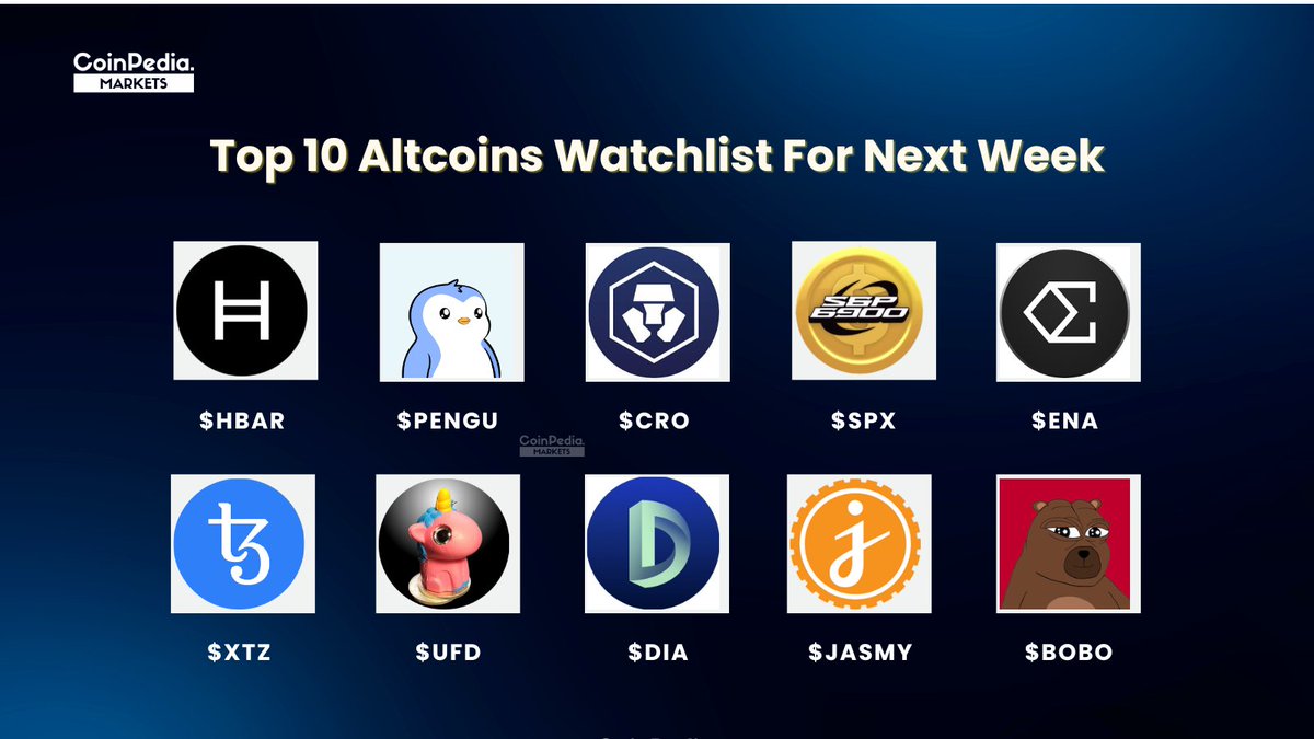 Our Top 10 #Altcoins Watchlist for Next Week 🔥🚀

1. Hedera ( $HBAR): $0.732
2. Pudgy Penguins ( $PENGU): $0.1235
3. Cronos ( $CRO): $0.2152
4. SPX6900 ( $SPX): $5
5. Ethena ( $ENA): $1.5
6. Tezos ( $XTZ): $2
7. Unicorn Fart Dust ( $UFD): $0.08274
8. Dia ( $DIA): $2.5386
9.