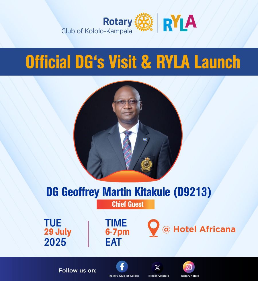 RYLA 2025/2026 OFFICIAL LAUNCH 
The Rotary Youth Leadership Awards (RYLA) program for 2025/26 is about to kick off.

Date:Tuesday, July 29, 2025
Time: 6 -7PM
Venue:Hotel Africana
Guest Speaker:DG Geoffrey Martin Kitakule
Host club: <a href="/RotaryKololo/">Rotary Kololo</a>

#Unite4Good